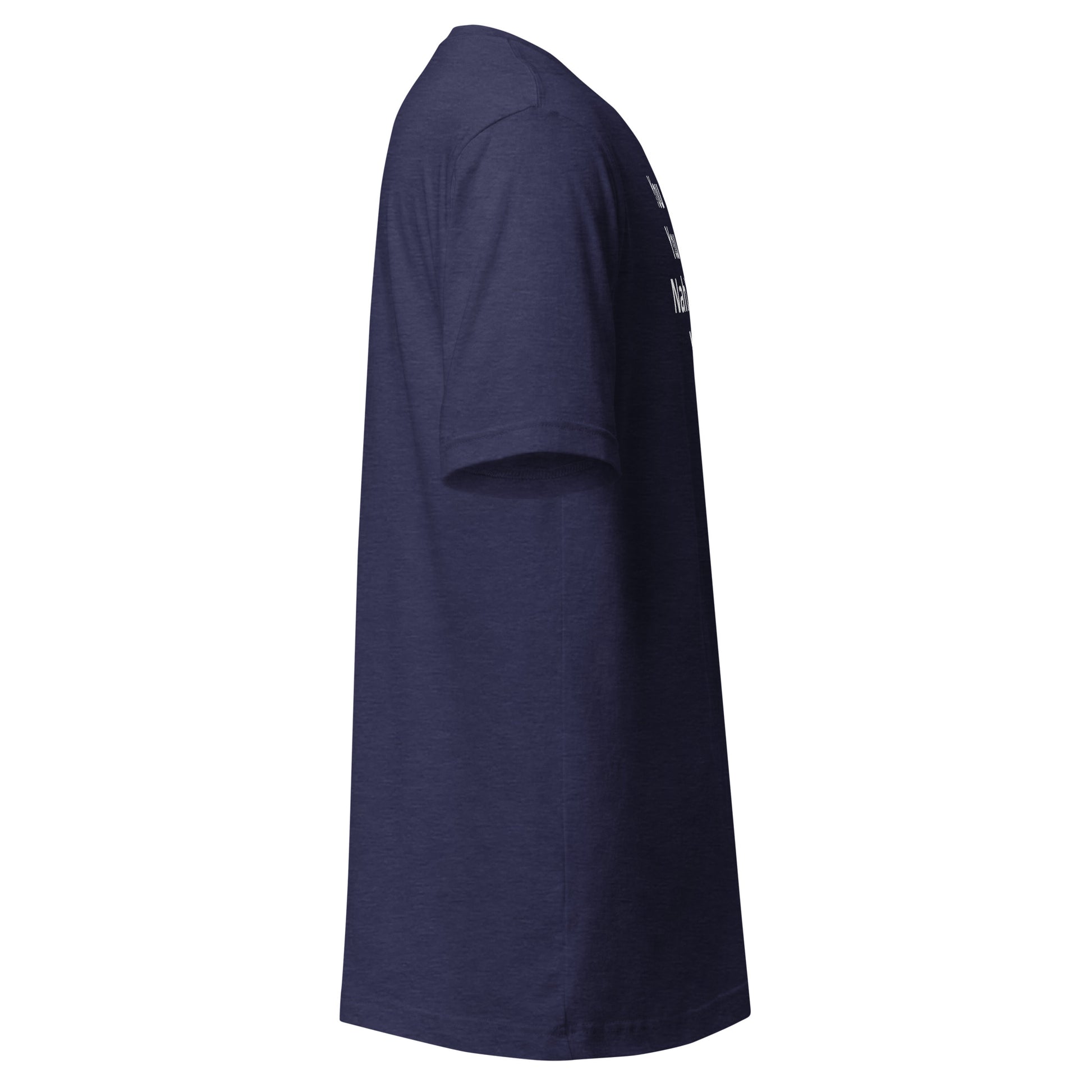Side view of a comfortable and stylish Unisex t-shirt in navy color, made of soft cotton fabric.