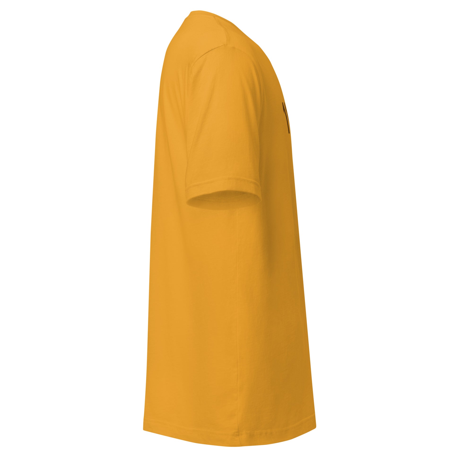Side view of a yellow unisex t-shirt, soft and lightweight, showcasing comfortable fit and flattering design.