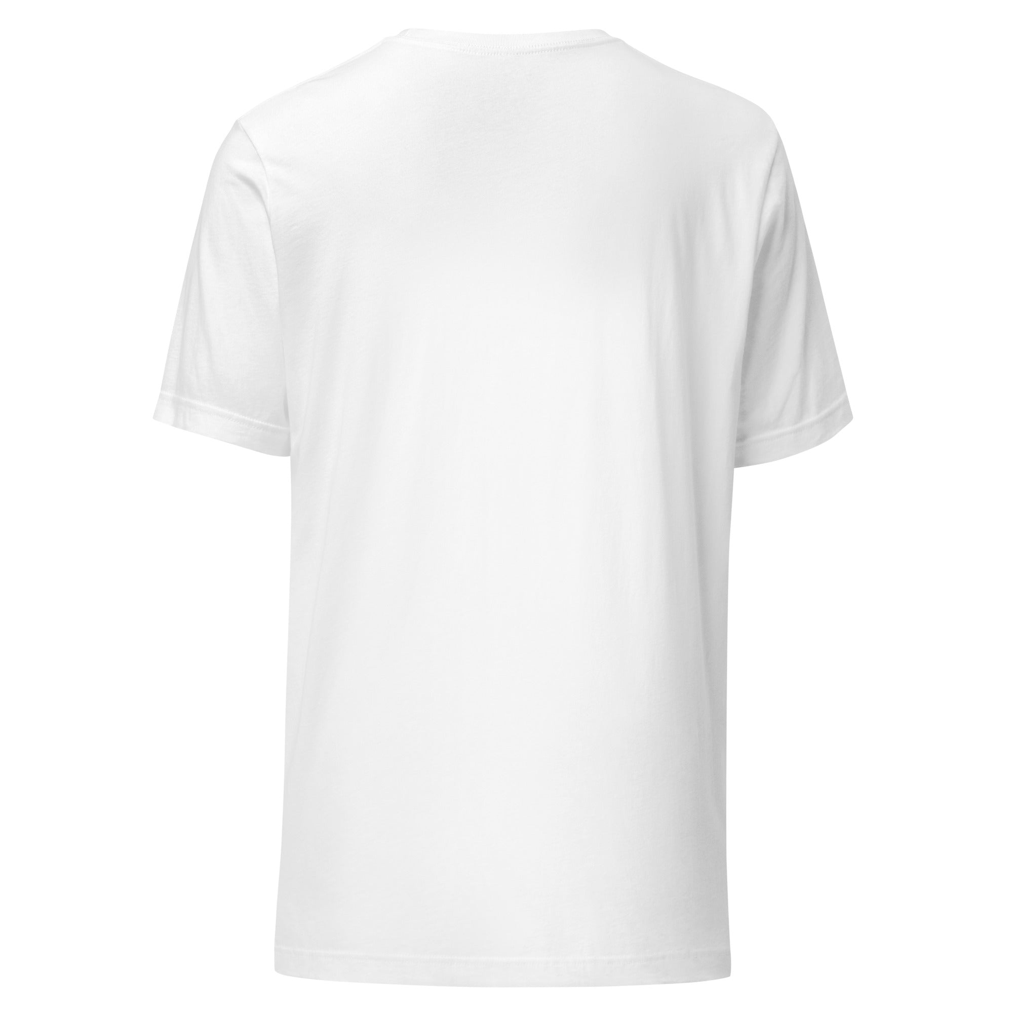 Back view of a Unisex t-shirt in white, made from premium soft cotton for everyday comfort.