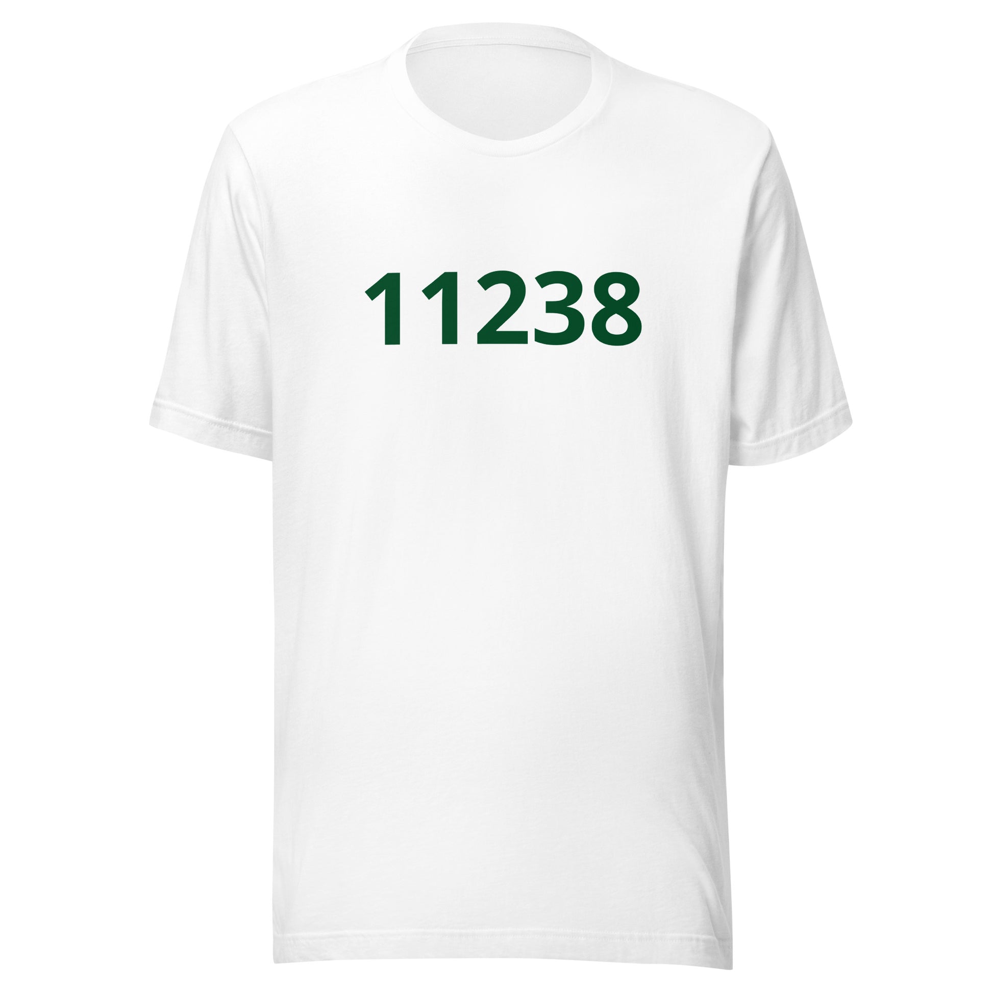 Unisex t-shirt with green numbers 11238 printed on white cotton fabric, highlighting its soft and comfortable design.